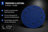 Premium Zirkon Klettschleifscheibe Ø 178 mm mit 10-Loch-Absaugung für professionelle Parkett-, Estrich-, Beton- und Natursteinbearbeitung.