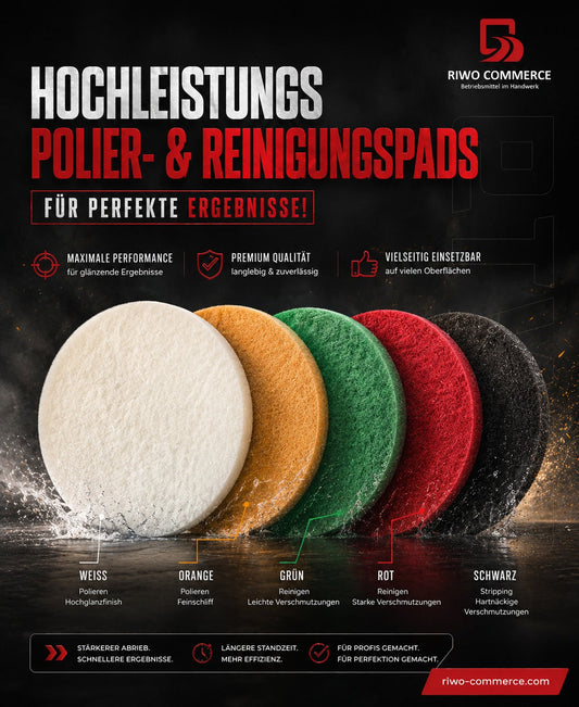 Polierpads und Reinigungspads 406mm – Farbsystem erklärt: Schwarz, Rot, Grün, Beige, Weiß für Einscheibenmaschinen