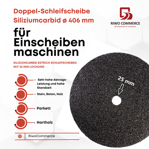 Doppel-Schleifscheibe Siliziumcarbid, 406 mm Durchmesser, ideal für Einscheibenmaschinen und professionelle Bodenschleifarbeiten. Hochwertige Schleifmittel für präzise Ergebnisse.