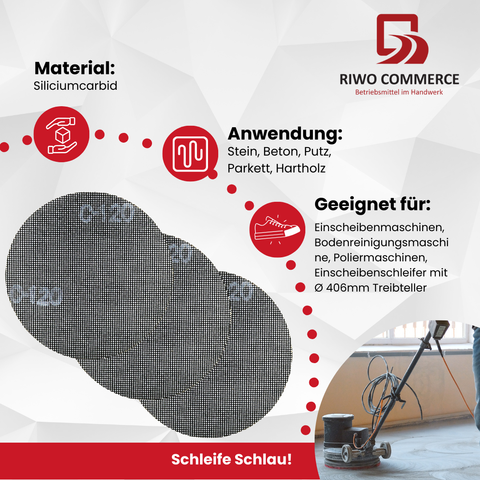 20 Stück Schleifgitter für Schleifmaschinen-Einscheibenmaschinen mit Ø 406 mm Treibteller. Doppelseitig verwendbar Siliziumkarbid Gitterschleifscheiben, ideal für Holz und Beton