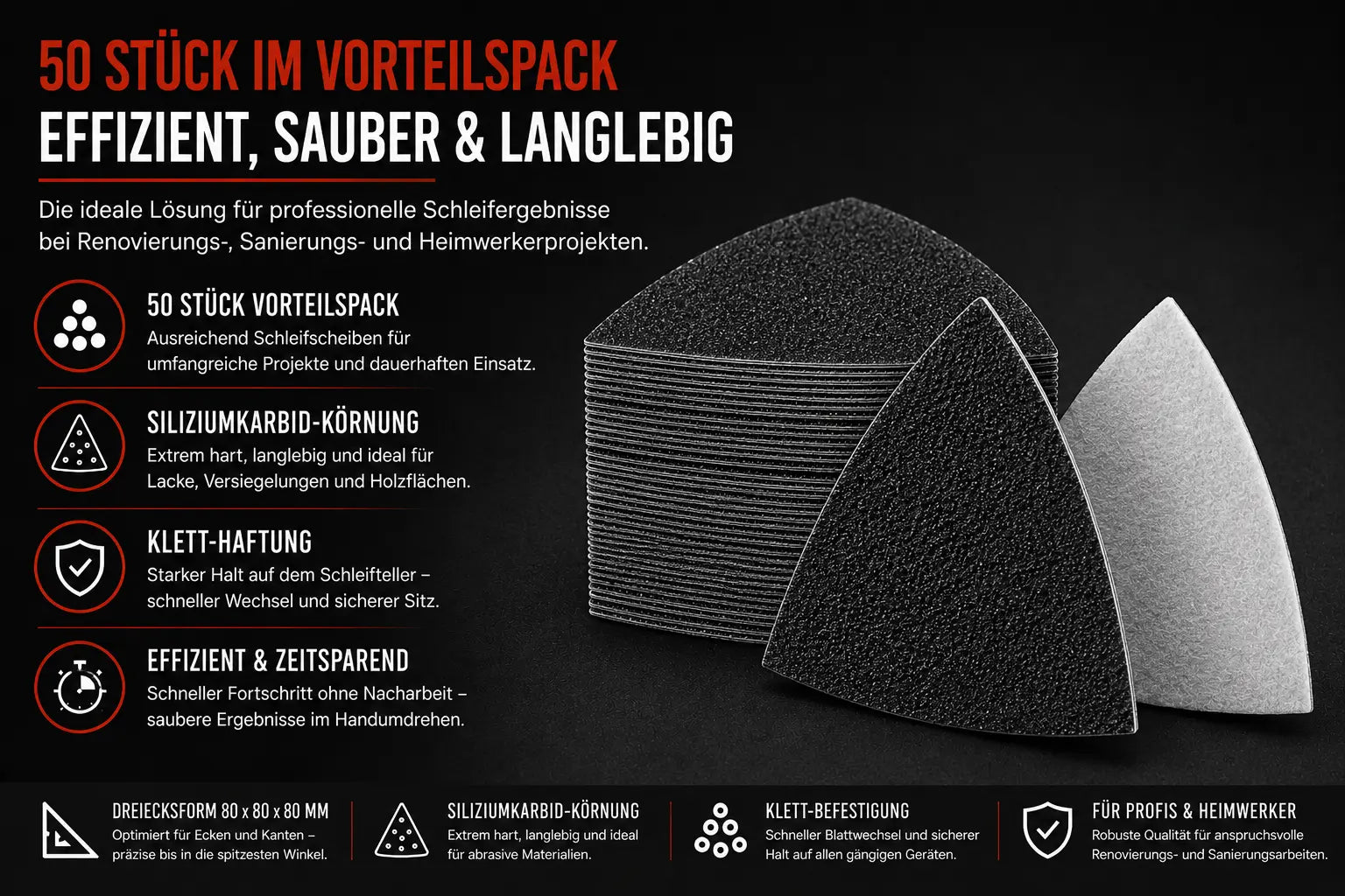 50 Dreieck-Schleifblätter mit schwarzer Siliziumkarbid Vorderseite und weißem Klettvlies auf der Rückseite.