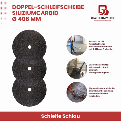 Doppel-Schleifscheibe Siliziumcarbid, 406 mm Durchmesser, ideal für Einscheibenmaschinen und professionelle Bodenschleifarbeiten. Hochwertige Schleifmittel für präzise Ergebnisse.