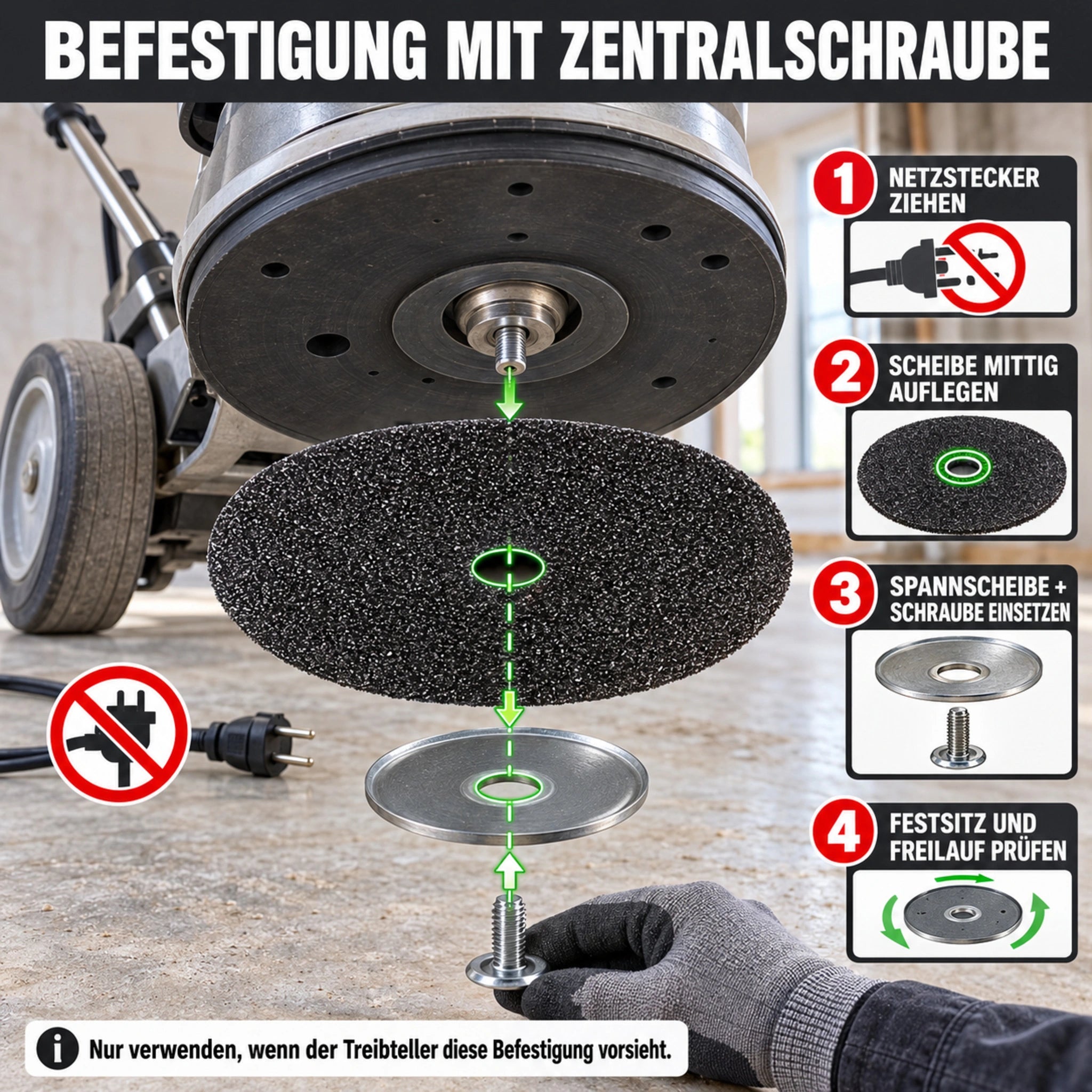 icherer Wechsel einer 406-mm-Doppelschleifscheibe mit 25-mm-Loch, Spannscheibe und Zentralschraube`

Einsatz: Erklärbild für kompatible Treibteller mit mechanischer Schraubbefestigung.