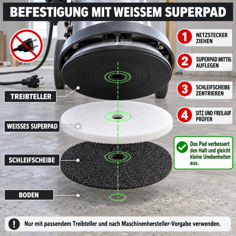 Montage einer 406-mm-Siliziumkarbid-Schleifscheibe mit weißem Superpad unter dem Treibteller einer Einscheibenmaschine`

Einsatz: Erklärbild für passende Treibteller, bei denen das weiße Superpad als Zwischen- und Haftlage verwendet wird