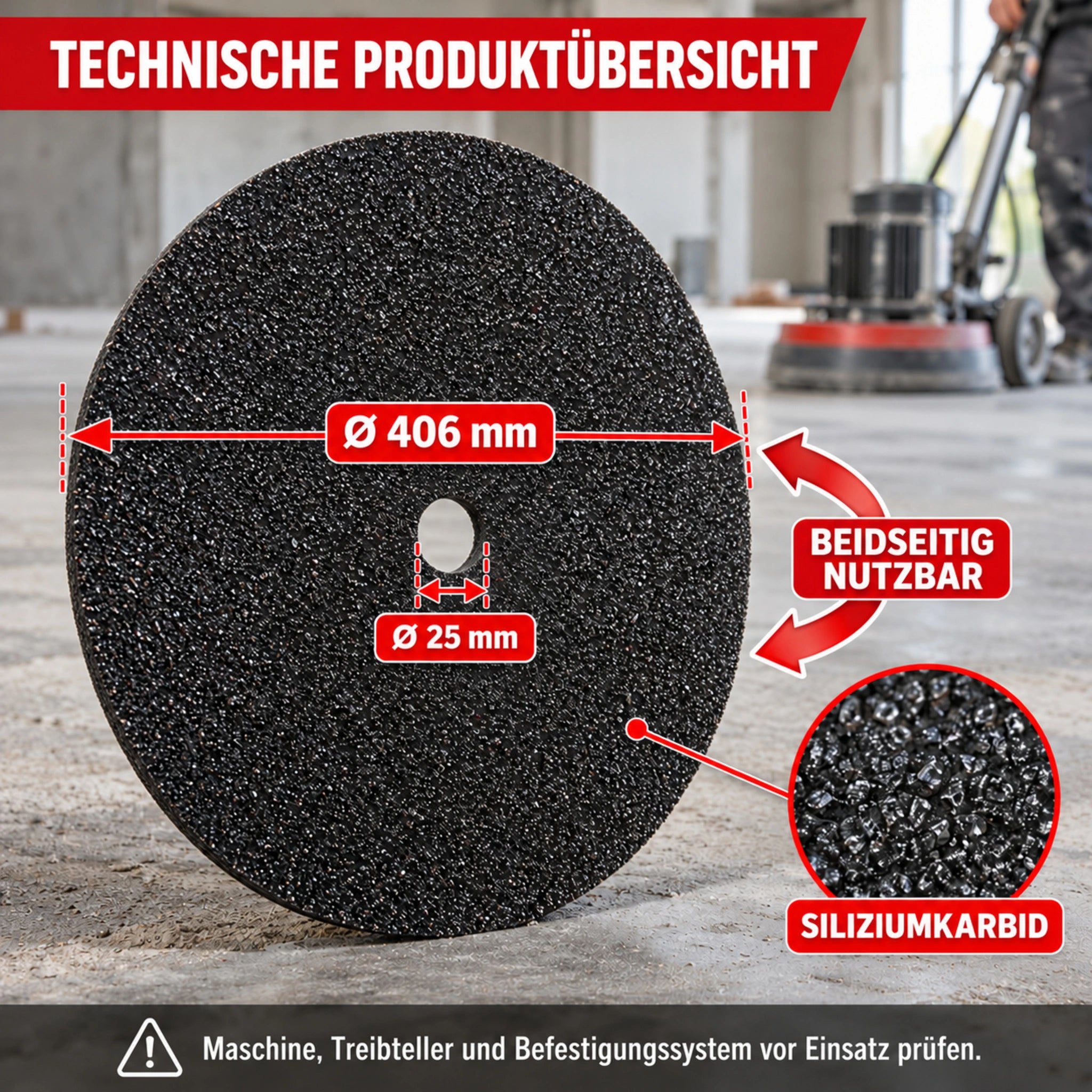 Doppelseitige Siliziumkarbid-Schleifscheibe mit 406 mm Durchmesser und 25 mm Mittelloch für Einscheibenmaschinen`

Einsatz: Zusätzliches Produktbild für technische Maße, Material und beidseitige Nutzung.