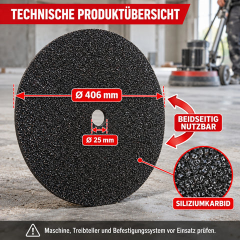 Doppelseitige Siliziumkarbid-Schleifscheibe mit 406 mm Durchmesser und 25 mm Mittelloch für Einscheibenmaschinen`

Einsatz: Zusätzliches Produktbild für technische Maße, Material und beidseitige Nutzung.