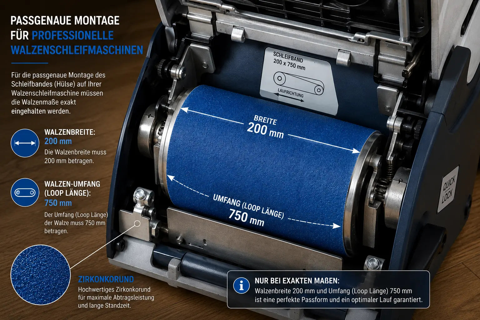Detailaufnahme einer Walzenschleifmaschine mit geöffnetem Schleifaggregat und montiertem blauem Zirkon-Endlosschleifband 200 × 750 mm. Die Grafik zeigt die erforderliche Walzenbreite von 200 mm sowie die passende Loop-Länge (Umfang) von 750 mm für eine passgenaue Montage auf professionellen Parkettschleifmaschinen
