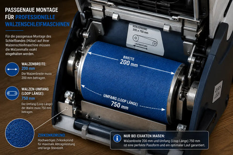 Detailaufnahme einer Walzenschleifmaschine mit geöffnetem Schleifaggregat und montiertem blauem Zirkon-Endlosschleifband 200 × 750 mm. Die Grafik zeigt die erforderliche Walzenbreite von 200 mm sowie die passende Loop-Länge (Umfang) von 750 mm für eine passgenaue Montage auf professionellen Parkettschleifmaschinen