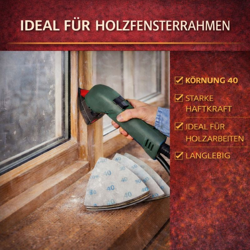 80 x 80 mm Kantenlänge Delta-Schleifblatt für Fensterreparatur und präzises Eckenschleifen von Fensterrahmen oder Türrahmen.