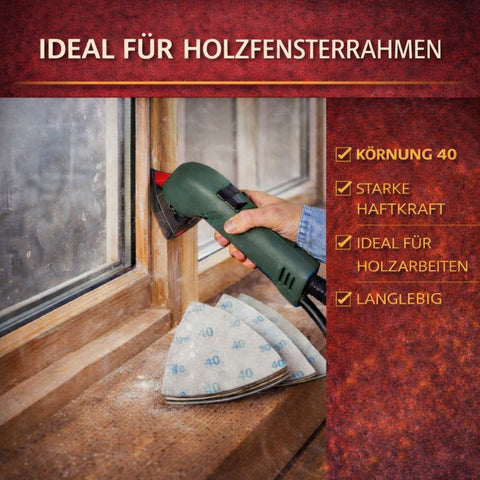80 x 80 mm Kantenlänge Delta-Schleifblatt für Fensterreparatur und präzises Eckenschleifen von Fensterrahmen oder Türrahmen.