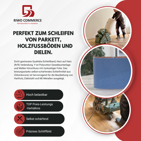 Zirkon Gewebe-Schleifband, 200 x 750 mm, geeignet für Bodenschleifmaschinen. Hochwertiges Schleifmittel für präzise Holz- und Metallbearbeitung.