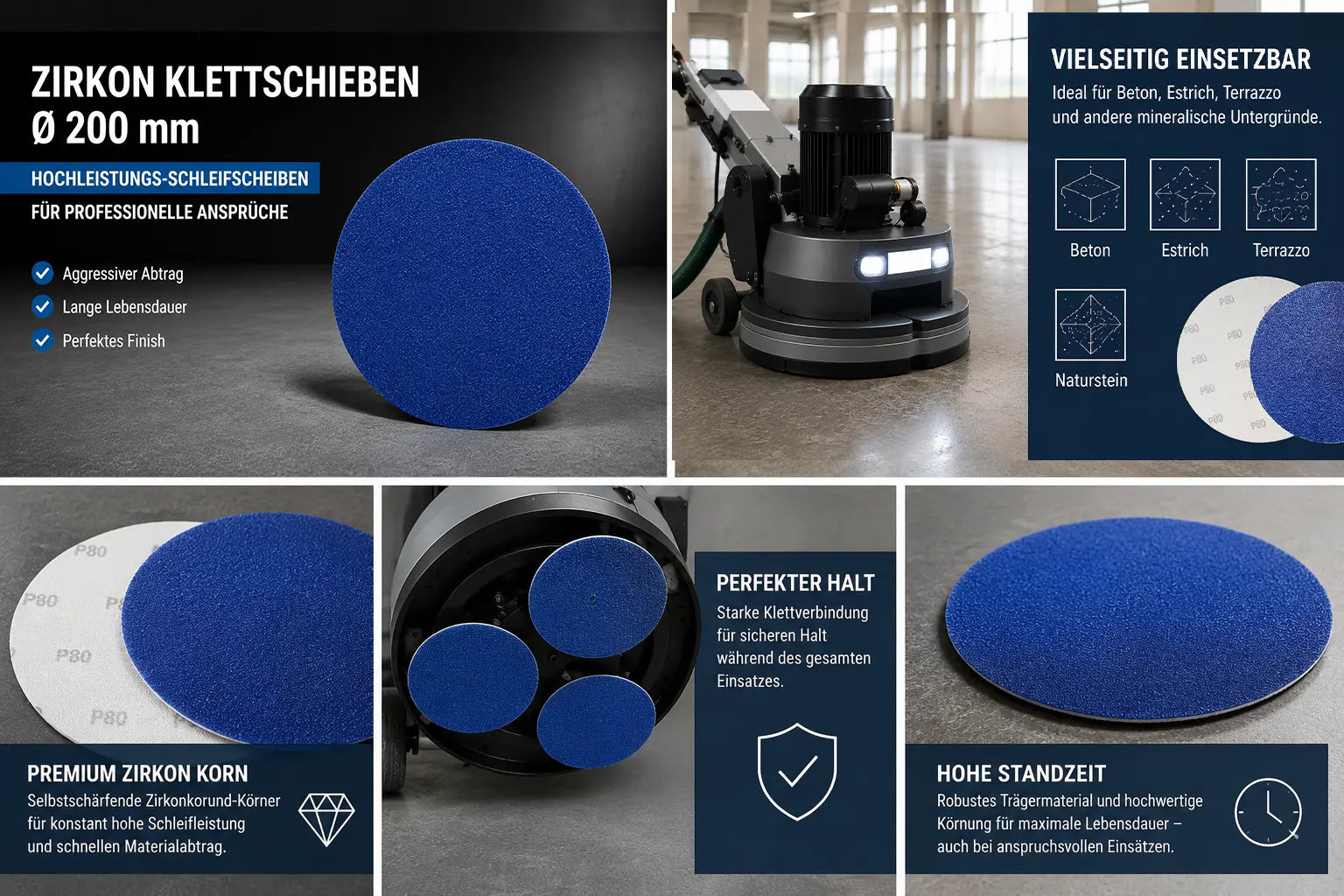 Zirkon Klett-Schleifscheibe Ø 200 mm für professionelle Bodenbearbeitung