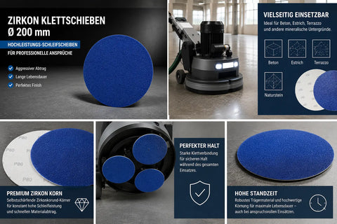 Zirkon Klett-Schleifscheibe Ø 200 mm für professionelle Bodenbearbeitung