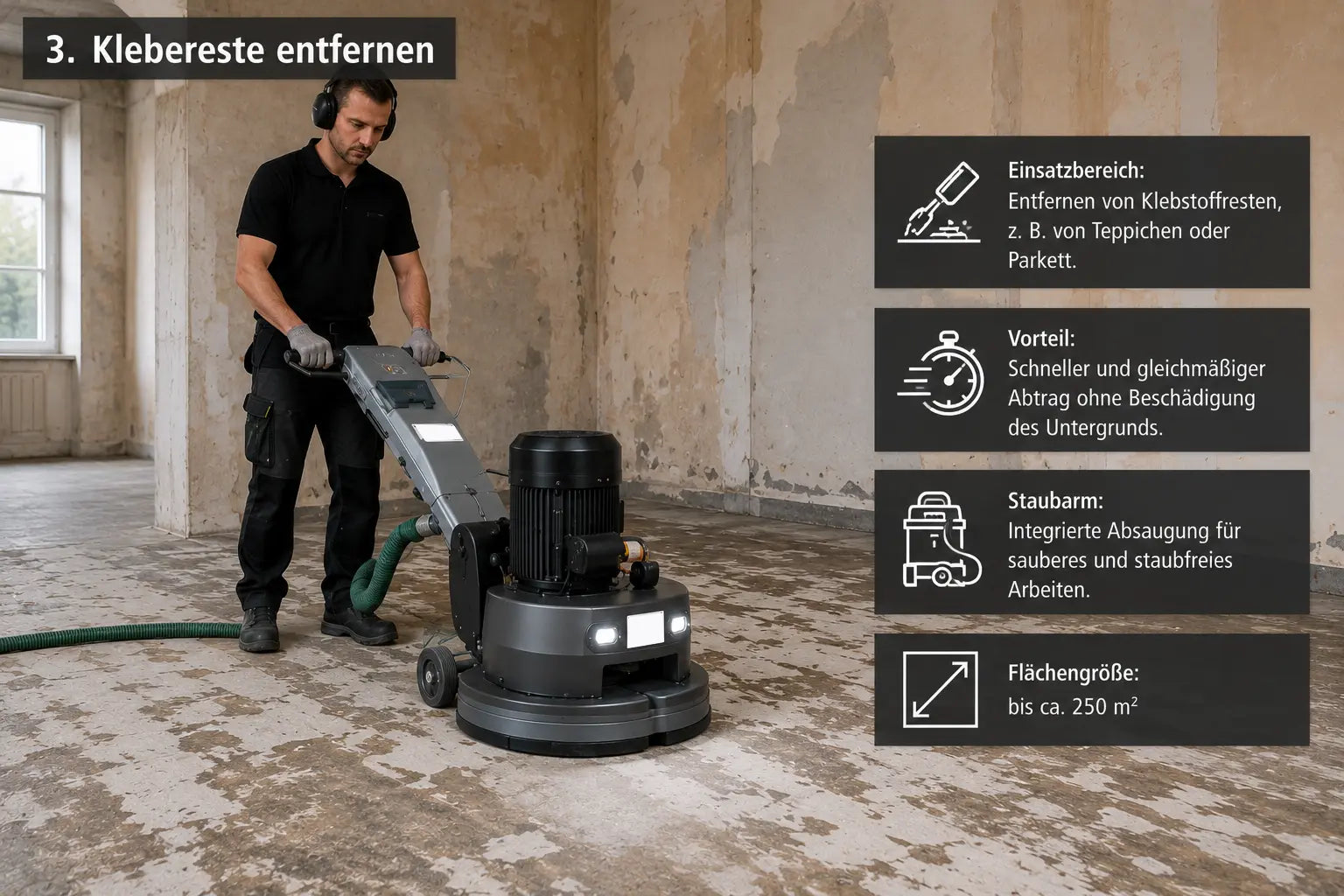 Bodenschleifmaschine entfernt Klebstoffreste und Altbeschichtungen von Beton