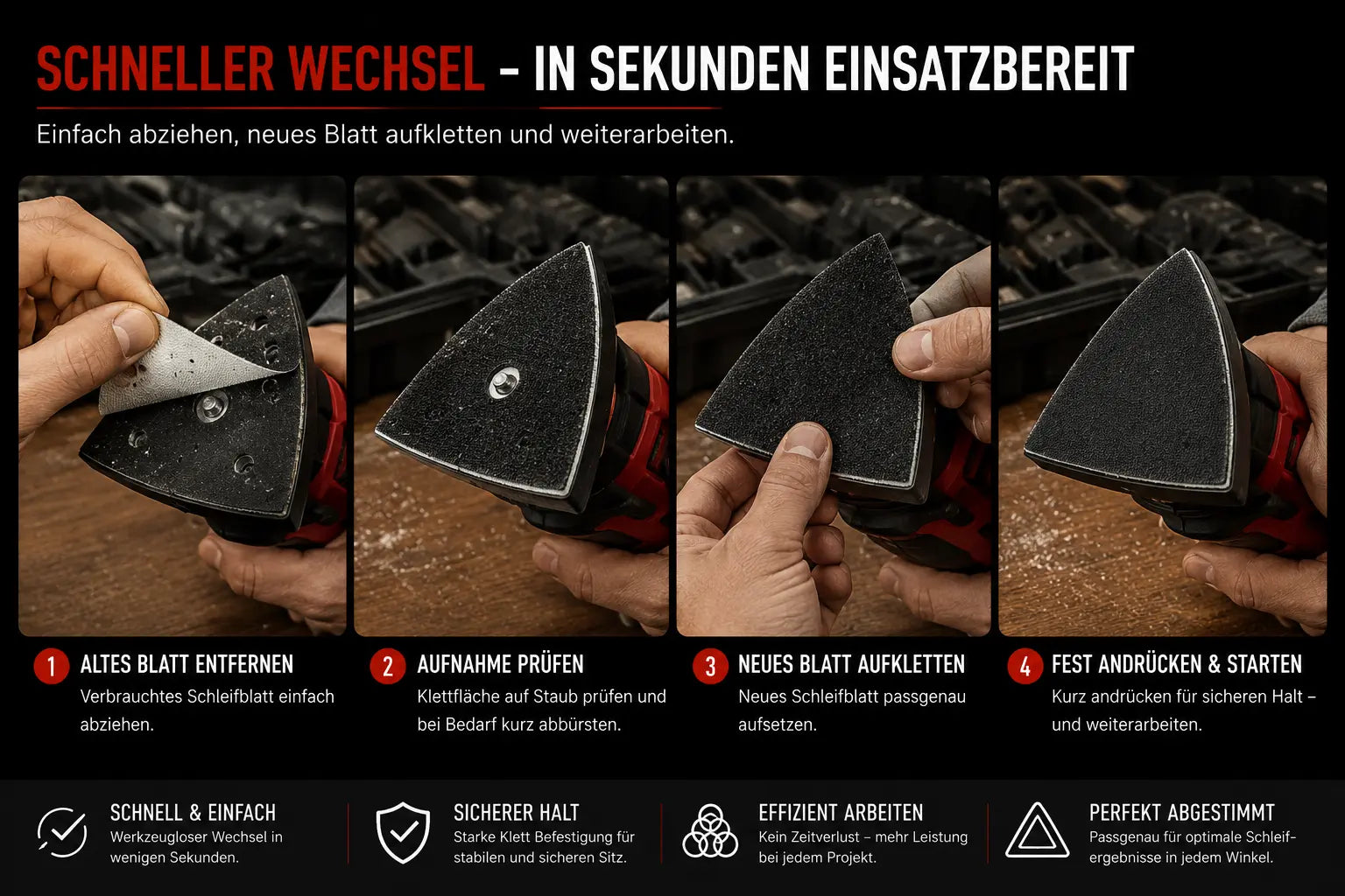 Werkzeugloses Klettsystem für schnellen Schleifblattwechsel und maximale Arbeitseffizienz auf Baustellen.