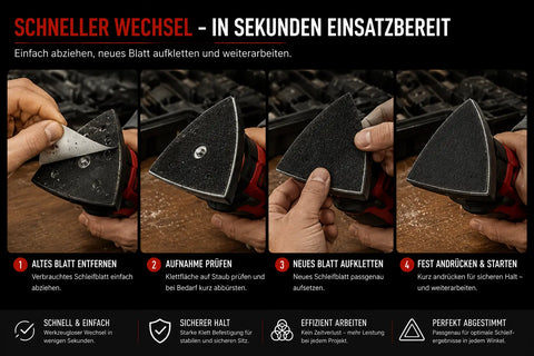 Werkzeugloses Klettsystem für schnellen Schleifblattwechsel und maximale Arbeitseffizienz auf Baustellen.