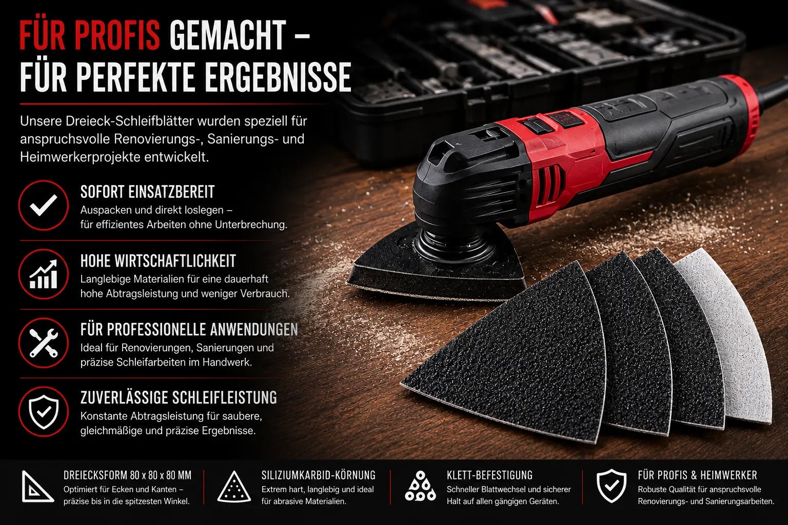 Professionelles Schleifsystem für Renovierung, Holzbearbeitung und präzise Schleifarbeiten in Ecken und Kanten.