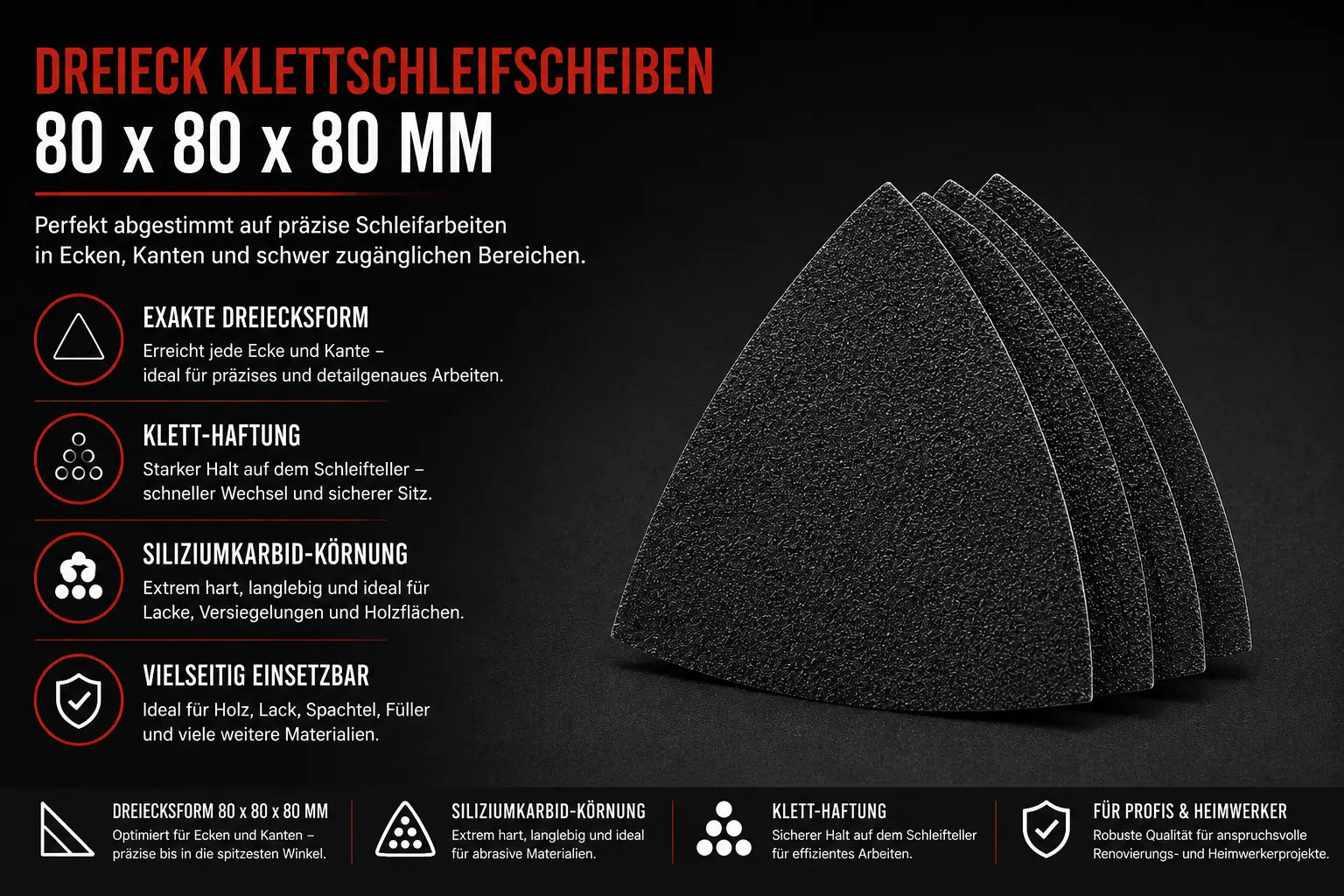 Professionelle Schleifdreiecke aus Siliziumkarbid mit Klettbefestigung für Holz, Farbe, Lack, Spachtelmasse und mineralische Untergründe.