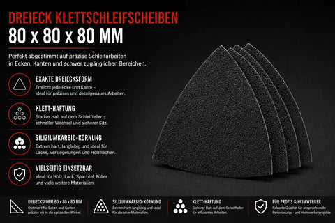 Professionelle Schleifdreiecke aus Siliziumkarbid mit Klettbefestigung für Holz, Farbe, Lack, Spachtelmasse und mineralische Untergründe.