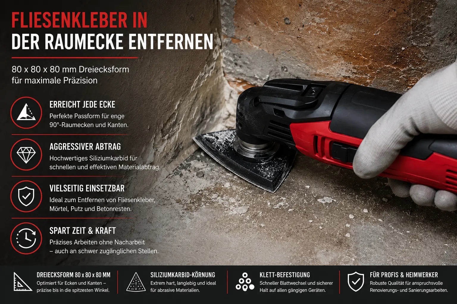 Professionelles Dreieck-Schleifblatt aus Siliziumkarbid für Multifunktionswerkzeuge zum Entfernen von Fliesenkleber, Spachtelmasse und Beschichtungen in schwer zugänglichen Ecken.