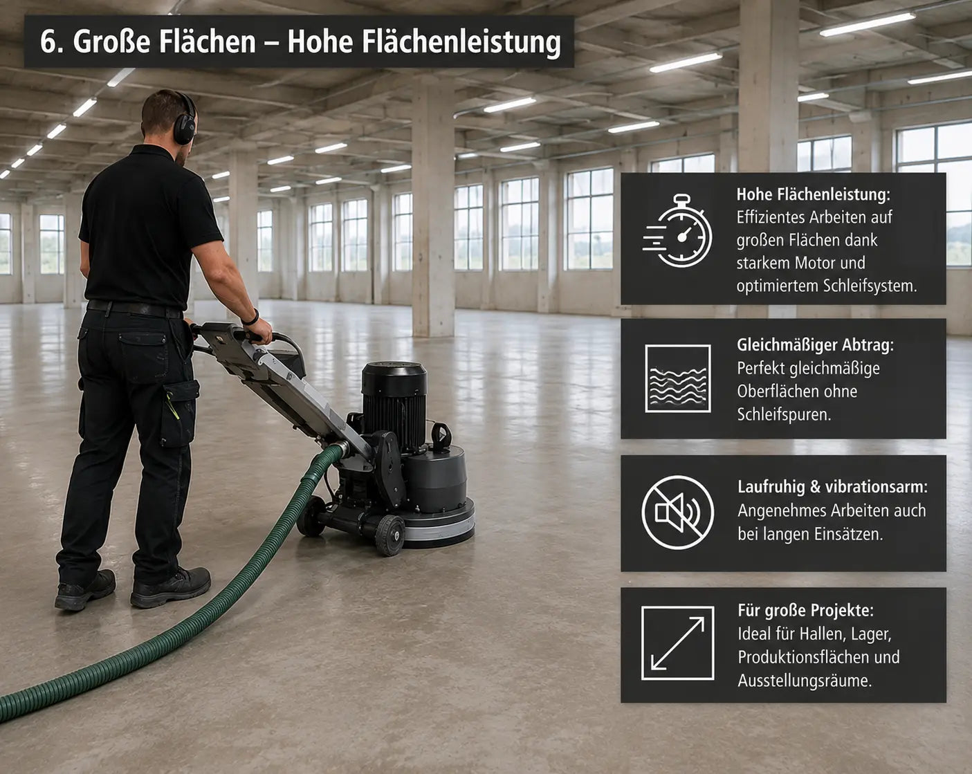 Dreischeiben-Bodenschleifmaschine auf großer Gewerbefläche