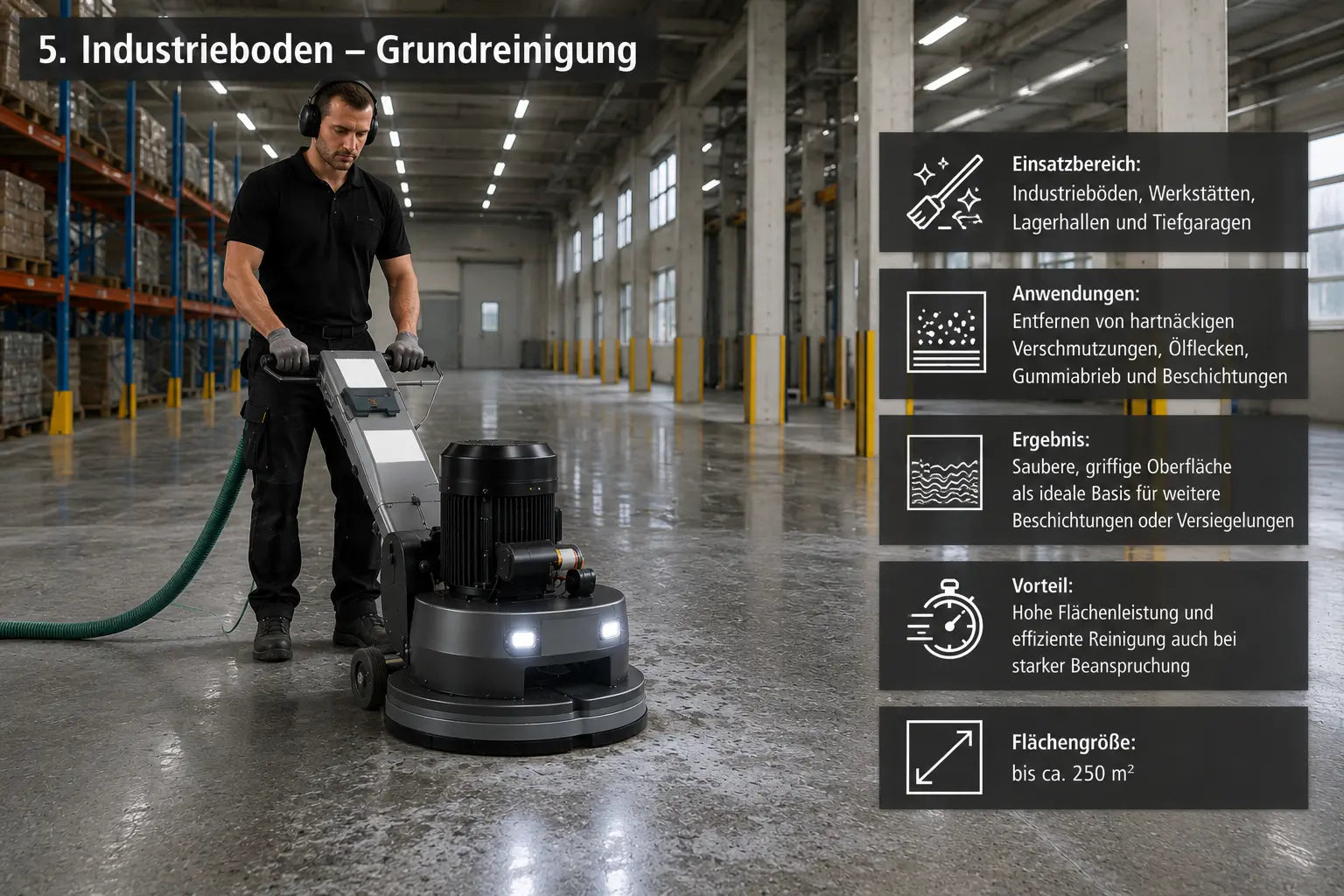 Dreischeiben-Bodenschleifmaschine bei Reinigung und Aufbereitung eines Industriebodens