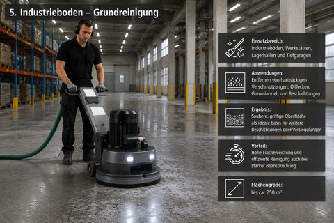 Dreischeiben-Bodenschleifmaschine bei Reinigung und Aufbereitung eines Industriebodens