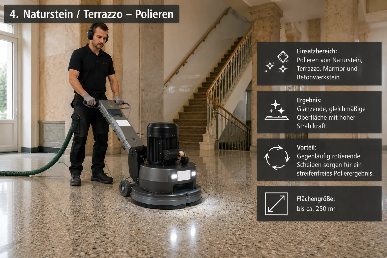 Dreischeibenmaschine beim Polieren von Terrazzo und Naturstein