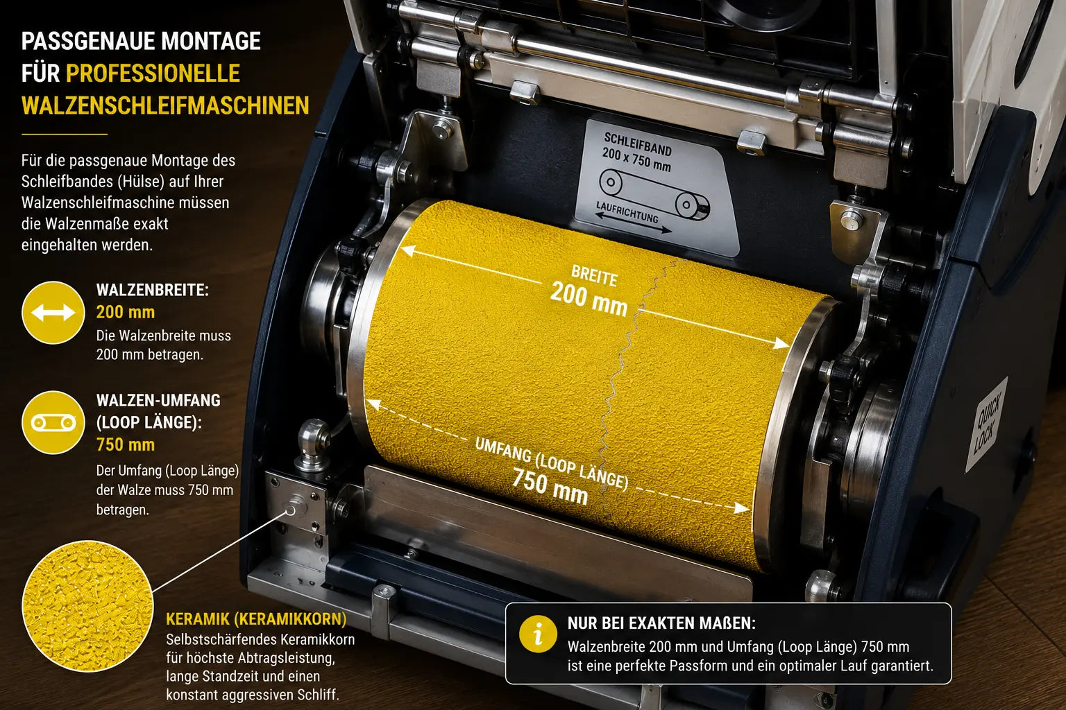 Professionelle Montage eines Keramik-Endlosschleifbands 200 × 750 mm auf einer Walzenschleifmaschine. Die technische Darstellung zeigt die erforderliche Walzenbreite von 200 mm und eine Loop-Länge (Umfang) von 750 mm für eine exakte Passform, optimale Laufruhe und höchste Schleifleistung bei der Parkettrenovierung