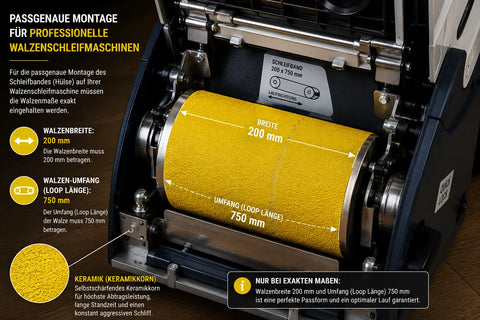 Professionelle Montage eines Keramik-Endlosschleifbands 200 × 750 mm auf einer Walzenschleifmaschine. Die technische Darstellung zeigt die erforderliche Walzenbreite von 200 mm und eine Loop-Länge (Umfang) von 750 mm für eine exakte Passform, optimale Laufruhe und höchste Schleifleistung bei der Parkettrenovierung