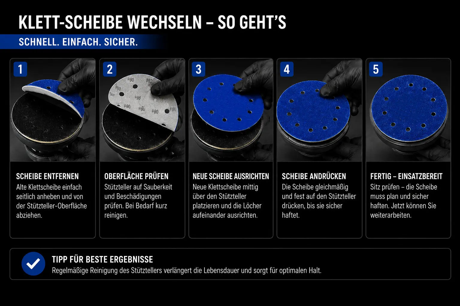 Schritt-für-Schritt-Anleitung zum Wechsel einer Zirkon Klettschleifscheibe Ø 178 mm mit 10-Loch-Absaugung. Das Klettsystem ermöglicht einen schnellen, werkzeuglosen Austausch für maximale Effizienz auf der Baustelle.