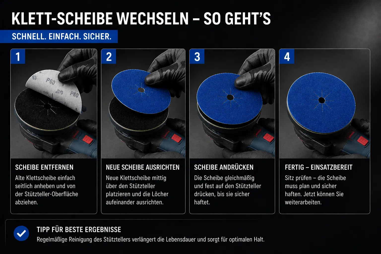 Schritt-für-Schritt-Anleitung zum werkzeuglosen Wechsel einer Zirkon Klettschleifscheibe. Alte Scheibe abziehen, neue Scheibe ausrichten, andrücken und sofort weiterarbeiten.