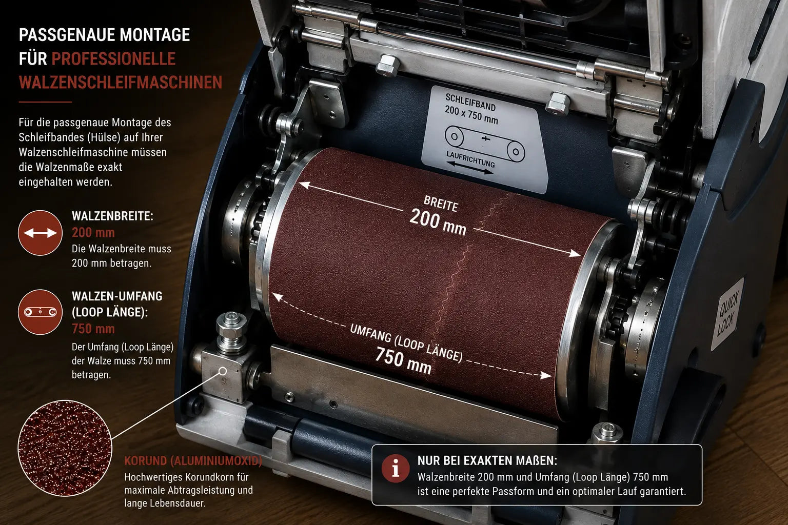 Detailaufnahme einer professionellen Walzenschleifmaschine mit montiertem Korund-Endlosschleifband 200 × 750 mm. Die Grafik zeigt die erforderliche Walzenbreite von 200 mm und den Walzenumfang (Loop-Länge) von 750 mm für eine passgenaue Montage.
