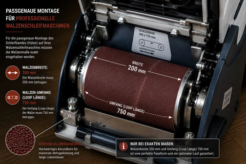 Detailaufnahme einer professionellen Walzenschleifmaschine mit montiertem Korund-Endlosschleifband 200 × 750 mm. Die Grafik zeigt die erforderliche Walzenbreite von 200 mm und den Walzenumfang (Loop-Länge) von 750 mm für eine passgenaue Montage.