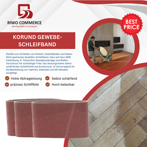 Korund Aluminiumoxid Gewebe-Schleifband, 200 x 750 mm, ideal für Bodenschleifmaschinen. Hochwertiges Schleifmittel für präzise Holz- und Metallbearbeitung.