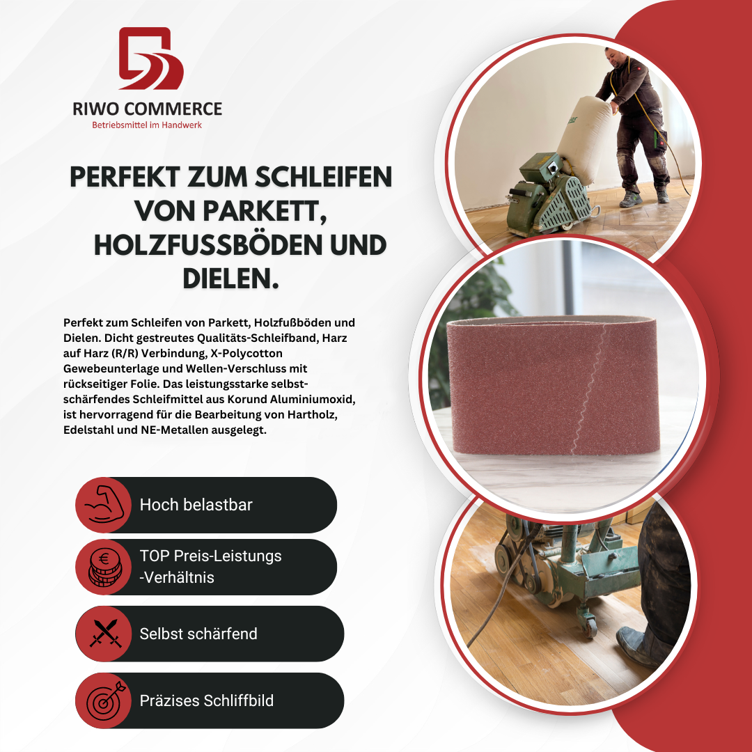 Korund Aluminiumoxid Gewebe-Schleifband, 200 x 750 mm, ideal für Bodenschleifmaschinen. Hochwertiges Schleifmittel für präzise Holz- und Metallbearbeitung.