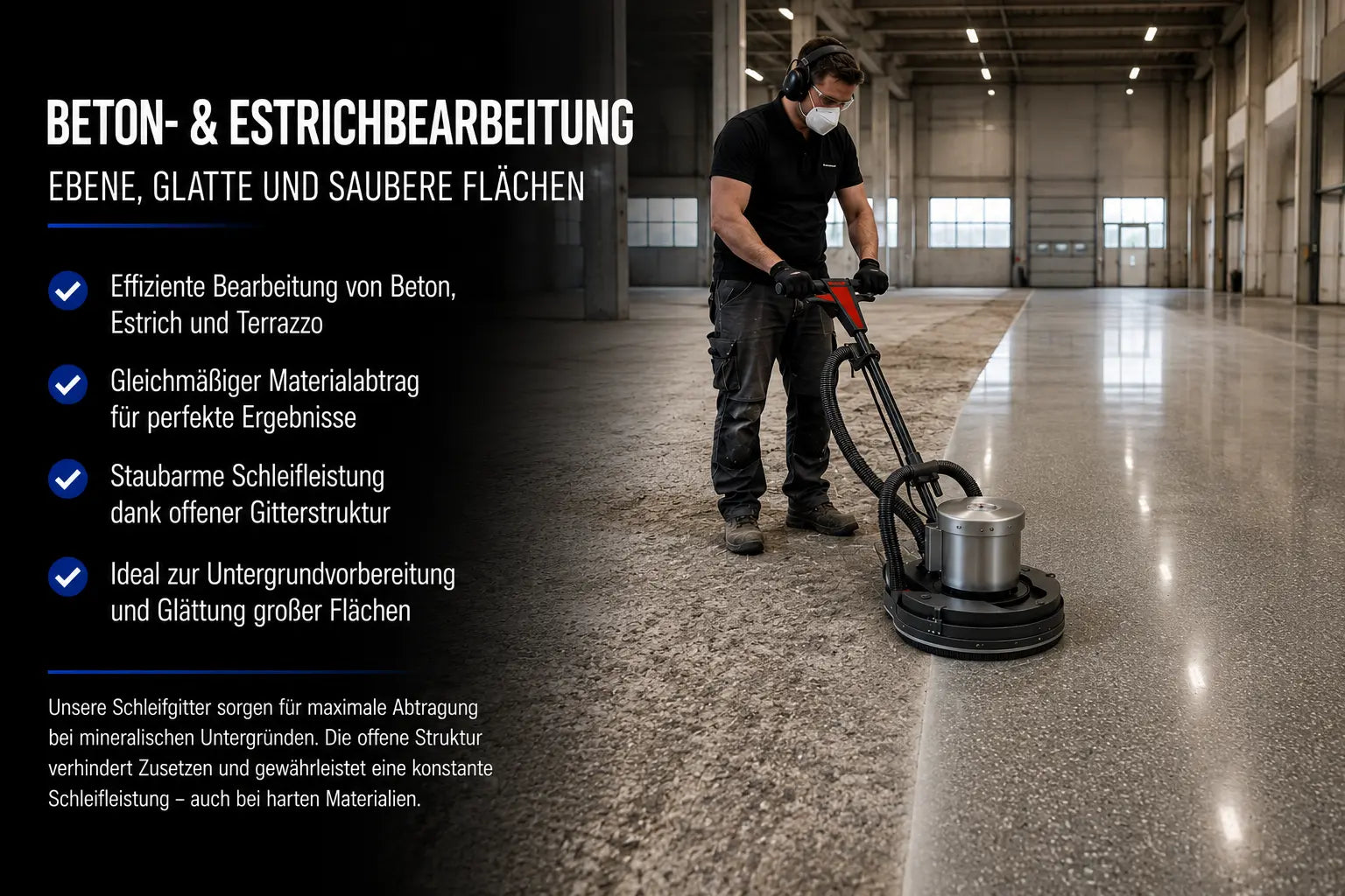 406 mm Siliziumkarbid-Schleifgitter im Einsatz auf einer Einscheibenmaschine zur Bearbeitung großer Beton- und Estrichflächen in einer Industrie- und Lagerhalle. Geeignet für Untergrundvorbereitung, Estrichbegradigung und Betonbodensanierung.