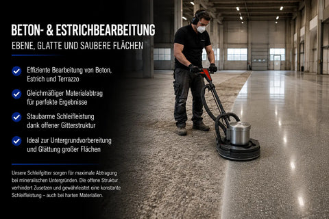 406 mm Siliziumkarbid-Schleifgitter im Einsatz auf einer Einscheibenmaschine zur Bearbeitung großer Beton- und Estrichflächen in einer Industrie- und Lagerhalle. Geeignet für Untergrundvorbereitung, Estrichbegradigung und Betonbodensanierung.