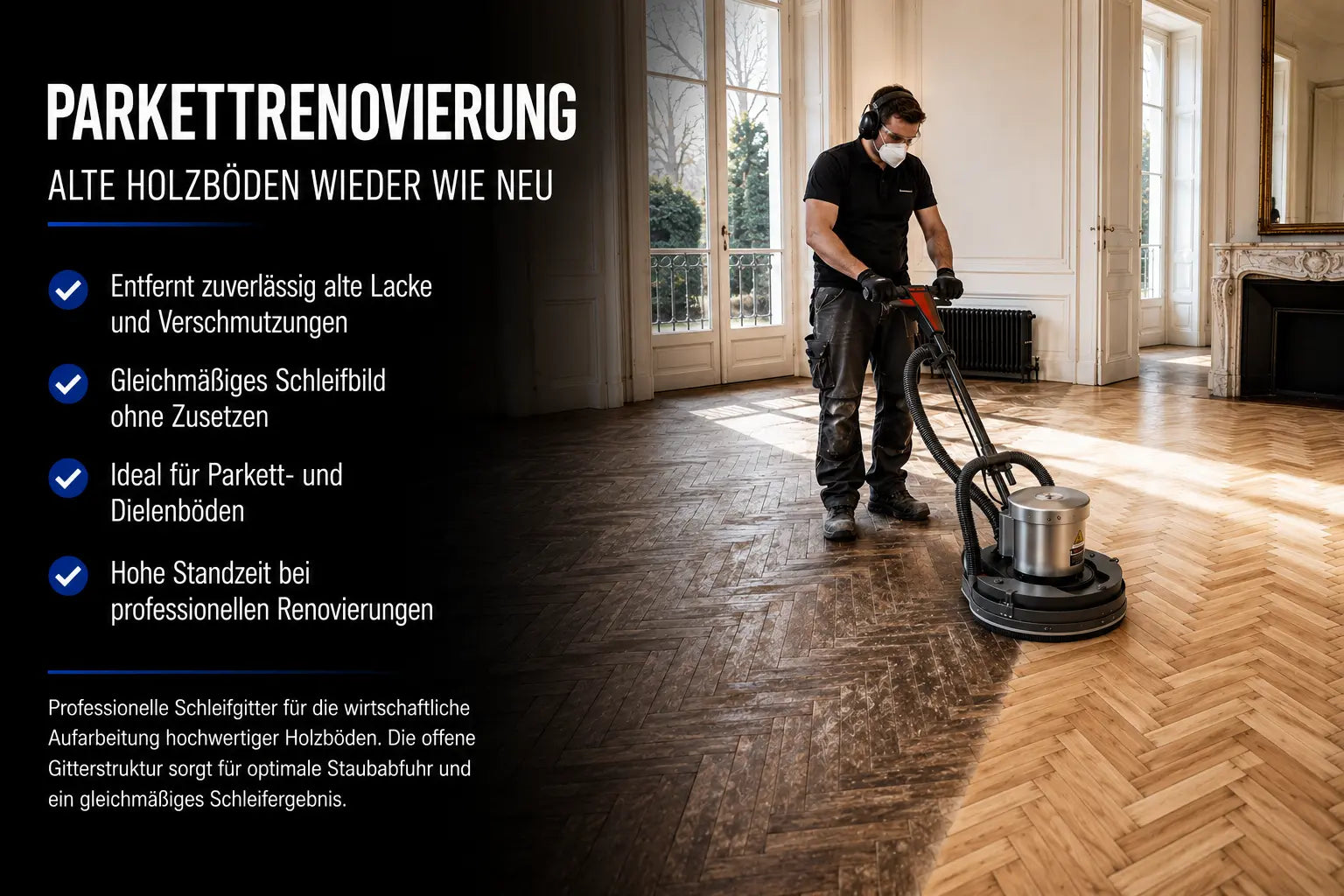 Professioneller Bodenleger renoviert einen Fischgrät-Parkettboden mit einer Einscheibenmaschine und einem 406 mm Siliziumkarbid-Schleifgitter. Ideal für Parkettrenovierung, Holzbodensanierung sowie Grob-, Zwischen- und Feinschliff hochwertiger Holzoberflächen.