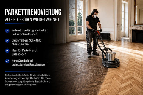 Professioneller Bodenleger renoviert einen Fischgrät-Parkettboden mit einer Einscheibenmaschine und einem 406 mm Siliziumkarbid-Schleifgitter. Ideal für Parkettrenovierung, Holzbodensanierung sowie Grob-, Zwischen- und Feinschliff hochwertiger Holzoberflächen.
