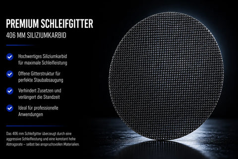 406 mm Siliziumkarbid-Schleifgitter für Einscheibenmaschinen. Offene Netzstruktur für optimale Staubabsaugung, hohe Standzeit und gleichmäßige Schleifergebnisse auf Holz, Beton, Estrich und Stein.