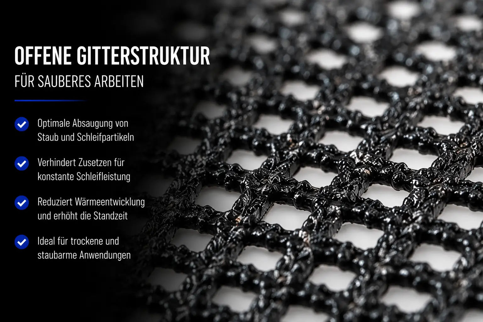 Makroaufnahme eines Siliziumkarbid-Schleifgitters mit offener Netzstruktur. Die luftdurchlässige Gitterkonstruktion verhindert Zusetzen und sorgt für optimale Staubabfuhr beim Schleifen.