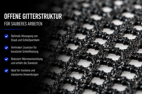 Makroaufnahme eines Siliziumkarbid-Schleifgitters mit offener Netzstruktur. Die luftdurchlässige Gitterkonstruktion verhindert Zusetzen und sorgt für optimale Staubabfuhr beim Schleifen.