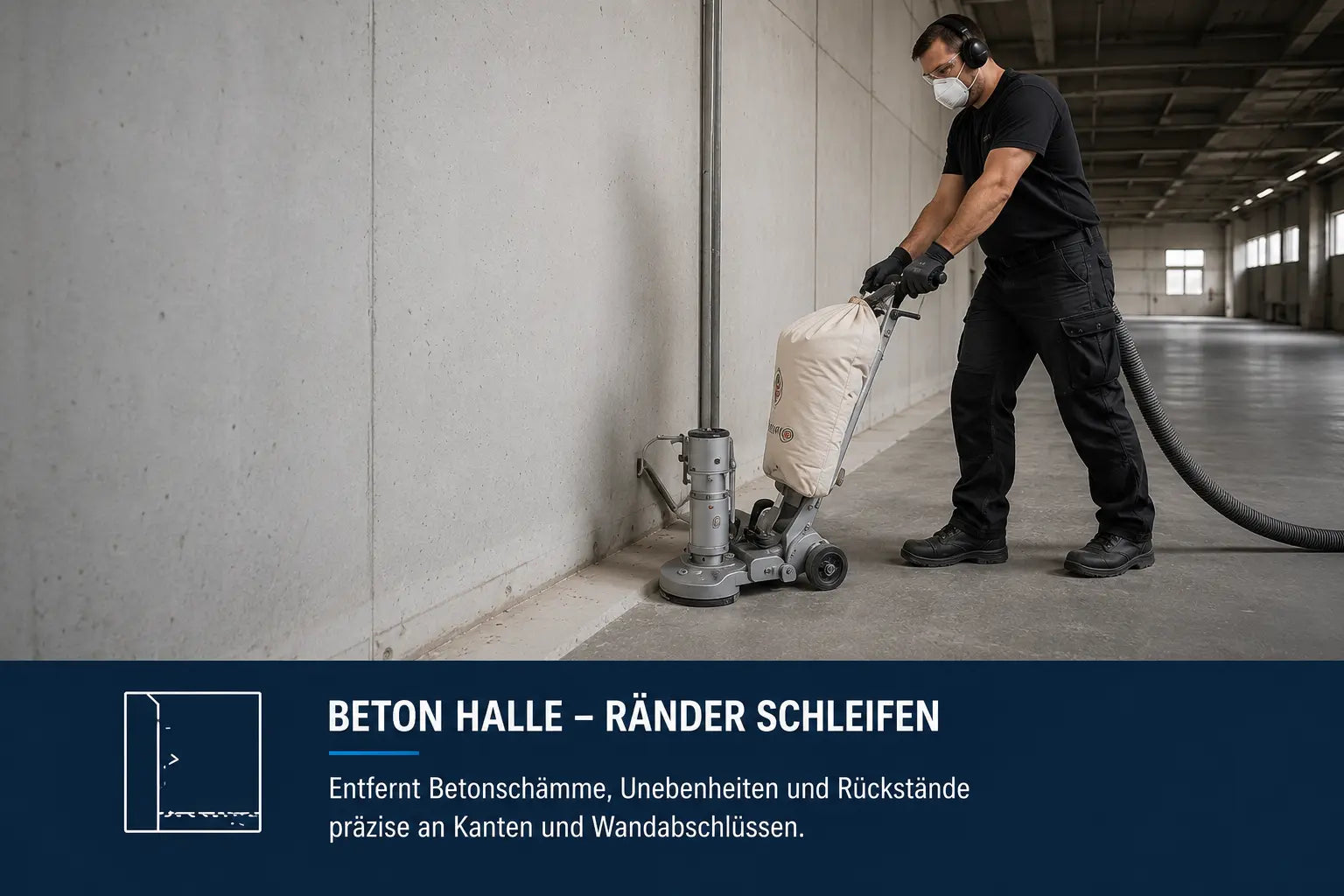 Handwerker schleift Betonboden entlang von Wänden in einer Industriehalle mit einer Randschleifmaschine und einer Zirkon Klettschleifscheibe für präzisen Randabtrag.