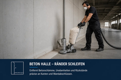 Handwerker schleift Betonboden entlang von Wänden in einer Industriehalle mit einer Randschleifmaschine und einer Zirkon Klettschleifscheibe für präzisen Randabtrag.