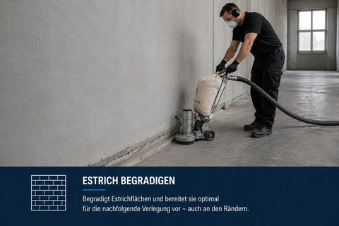 Estrich wird entlang von Wandbereichen mit einer Randschleifmaschine und Zirkon Klettschleifscheibe angeschliffen und für weitere Bodenarbeiten vorbereitet.