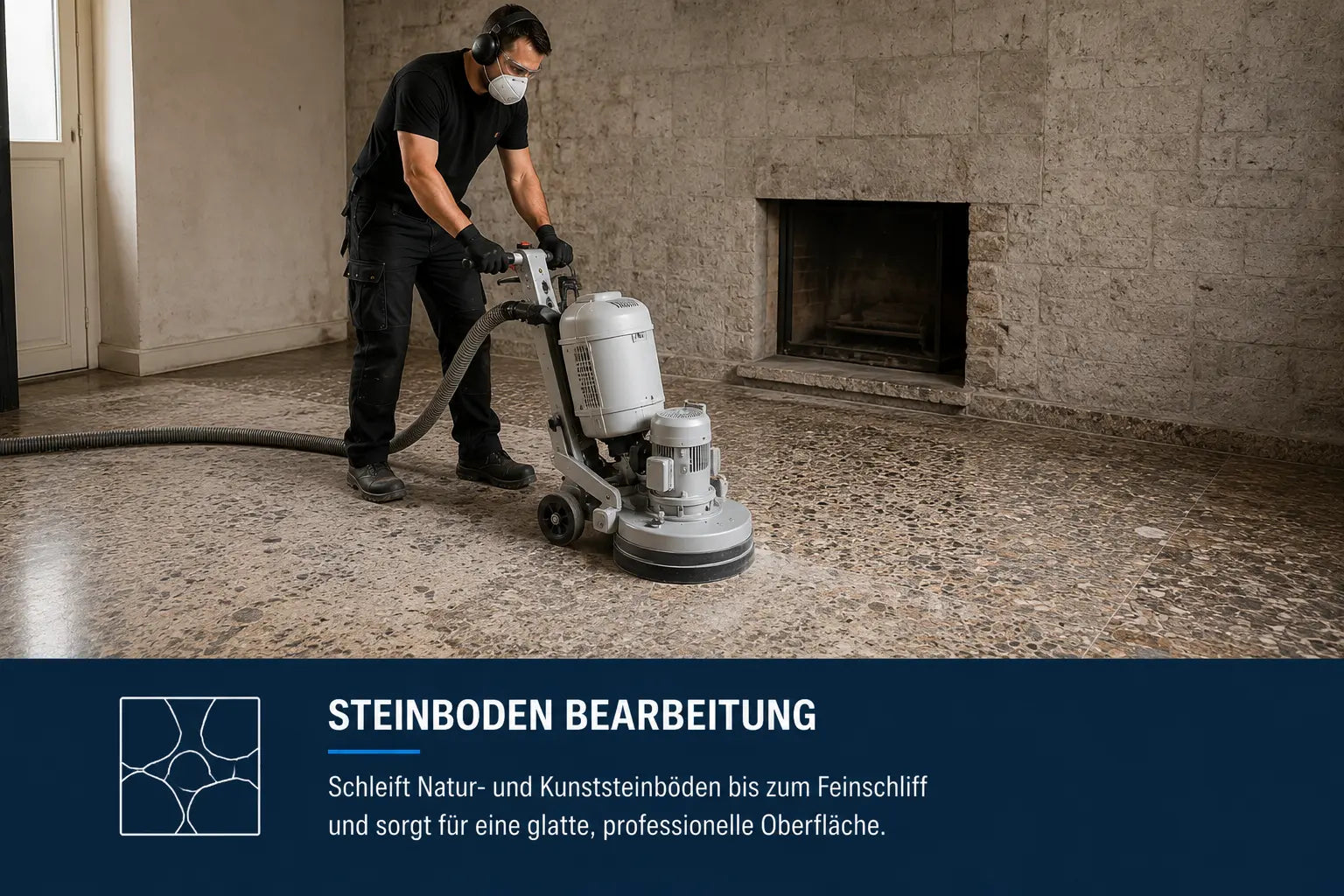 Bearbeitung von Naturstein- und Kunststeinböden mit einer Zirkon Klettschleifscheibe bis zum Feinschliff für eine glatte und hochwertige Oberfläche.