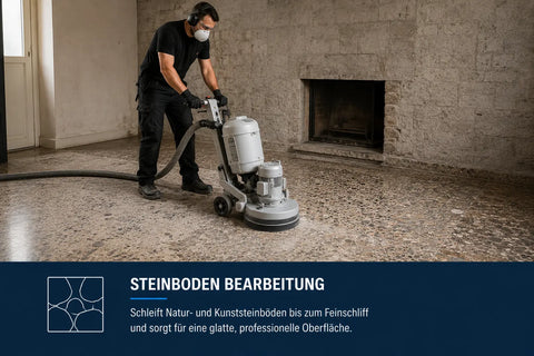 Bearbeitung von Naturstein- und Kunststeinböden mit einer Zirkon Klettschleifscheibe bis zum Feinschliff für eine glatte und hochwertige Oberfläche.
