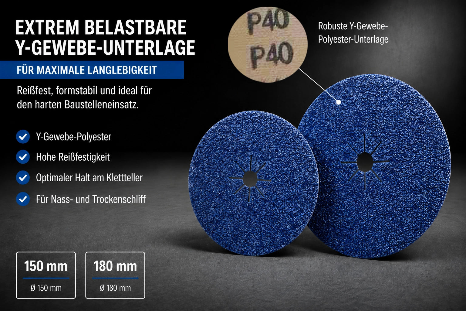 Zirkon Klettschleifscheibe mit extrem belastbarer Y-Gewebe-Polycotton-Unterlage für maximale Reißfestigkeit und lange Standzeit im Baustelleneinsatz.