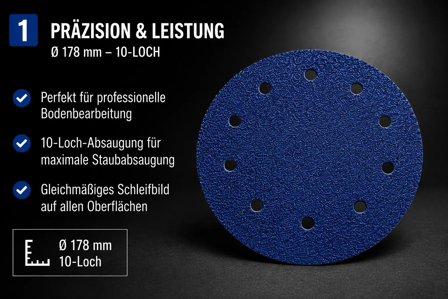 Premium Zirkon Klettschleifscheibe Ø 178 mm mit 10-Loch-Absaugung für professionelle Parkett-, Estrich-, Beton- und Natursteinbearbeitung.